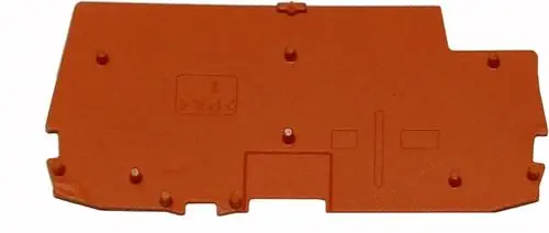 Orangefarbene Abschlussplatte, hergestellt von Wolf, mit mehreren Befestigungsstellen und Ausschnitten. Eignet sich für spezifische Installationen.